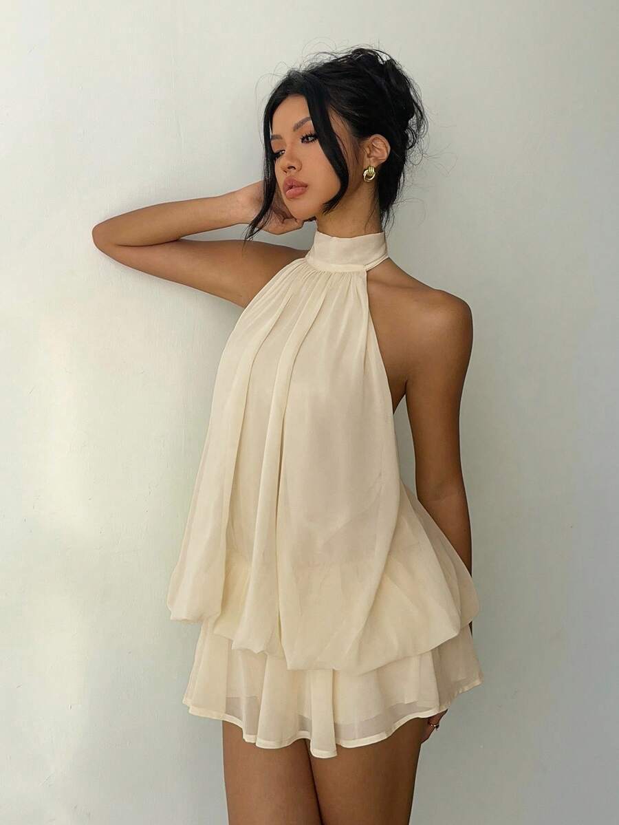 Women's Chiffon Butter Yellow Halter Tie Mini Dress Elegant Summer Outfit Wedding Guest Vacation Party Date Night Honeymoon Clothing