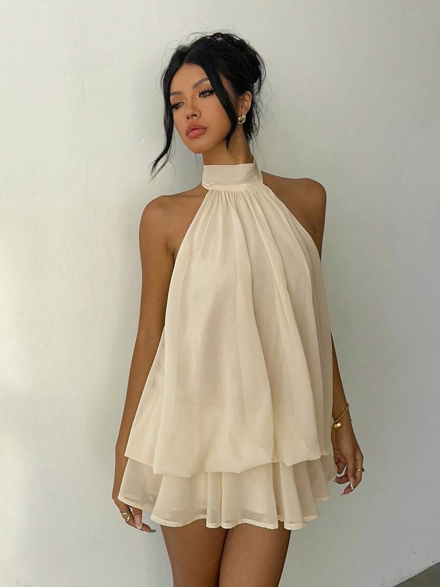 Women's Chiffon Butter Yellow Halter Tie Mini Dress Elegant Summer Outfit Wedding Guest Vacation Party Date Night Honeymoon Clothing