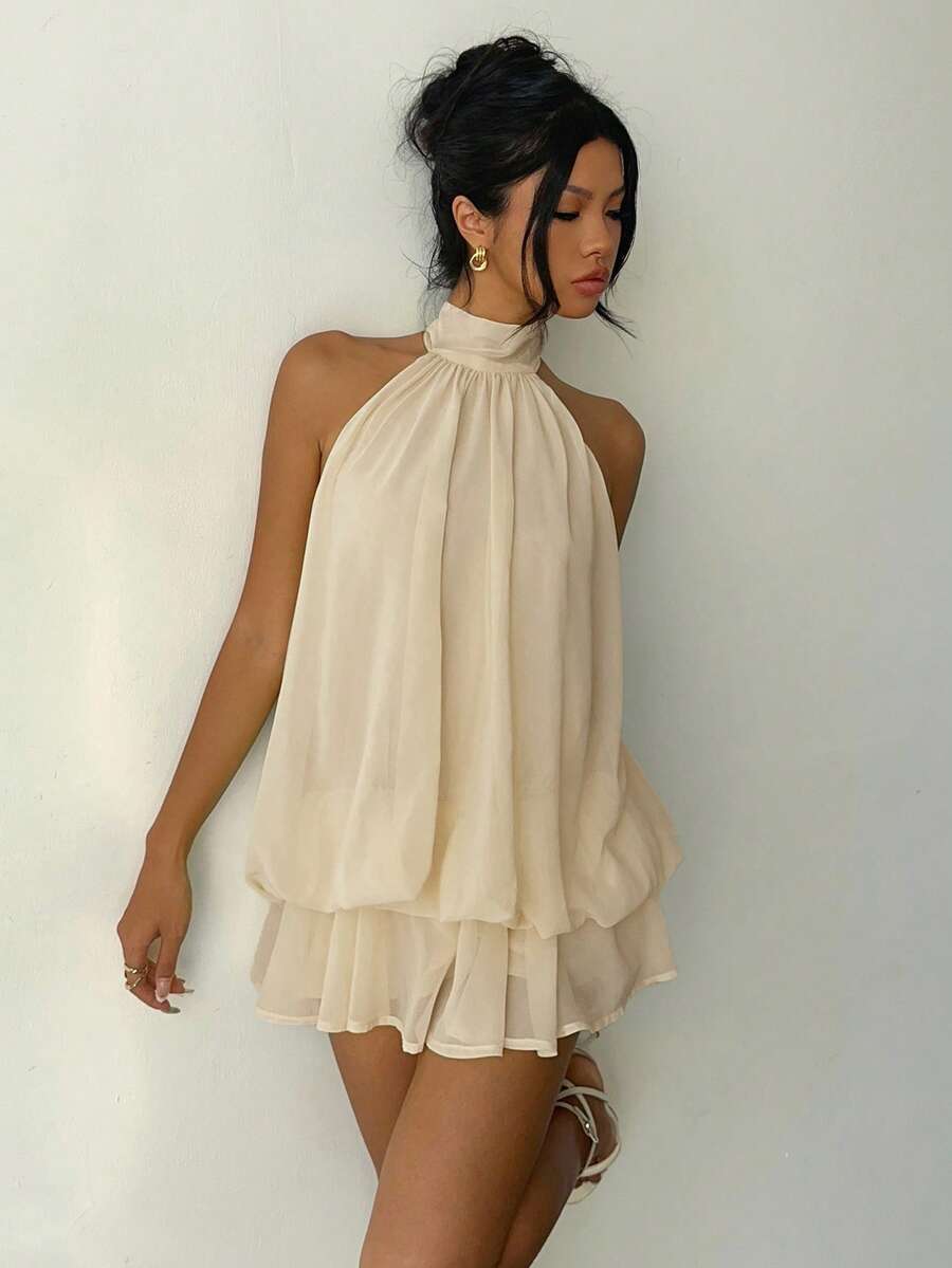 Women's Chiffon Butter Yellow Halter Tie Mini Dress Elegant Summer Outfit Wedding Guest Vacation Party Date Night Honeymoon Clothing