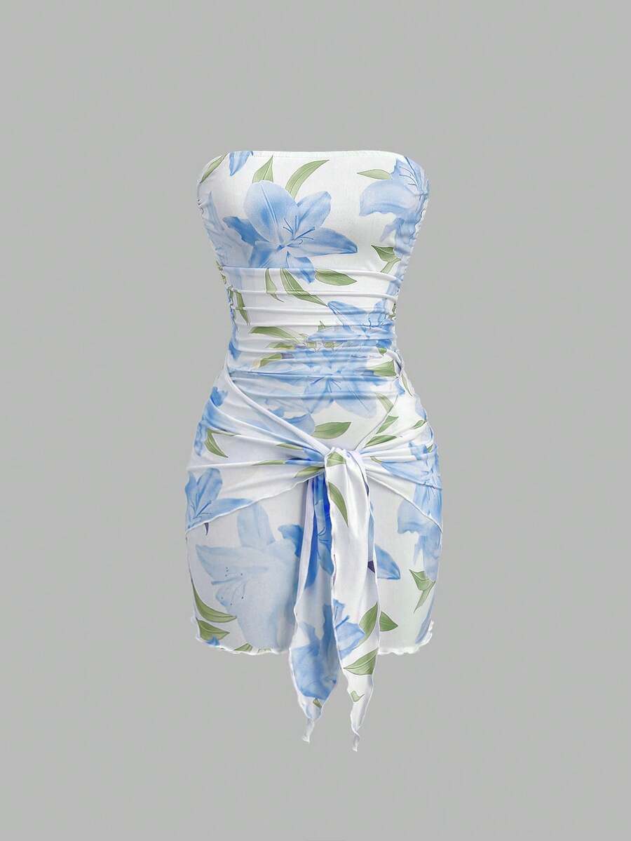 Women's Knit Floral Print Wrap Tie Crop Top And Bodycon Skirt Dress Elegant Romantic Outfit Casual Fashion Spring Summer Autumn Wear