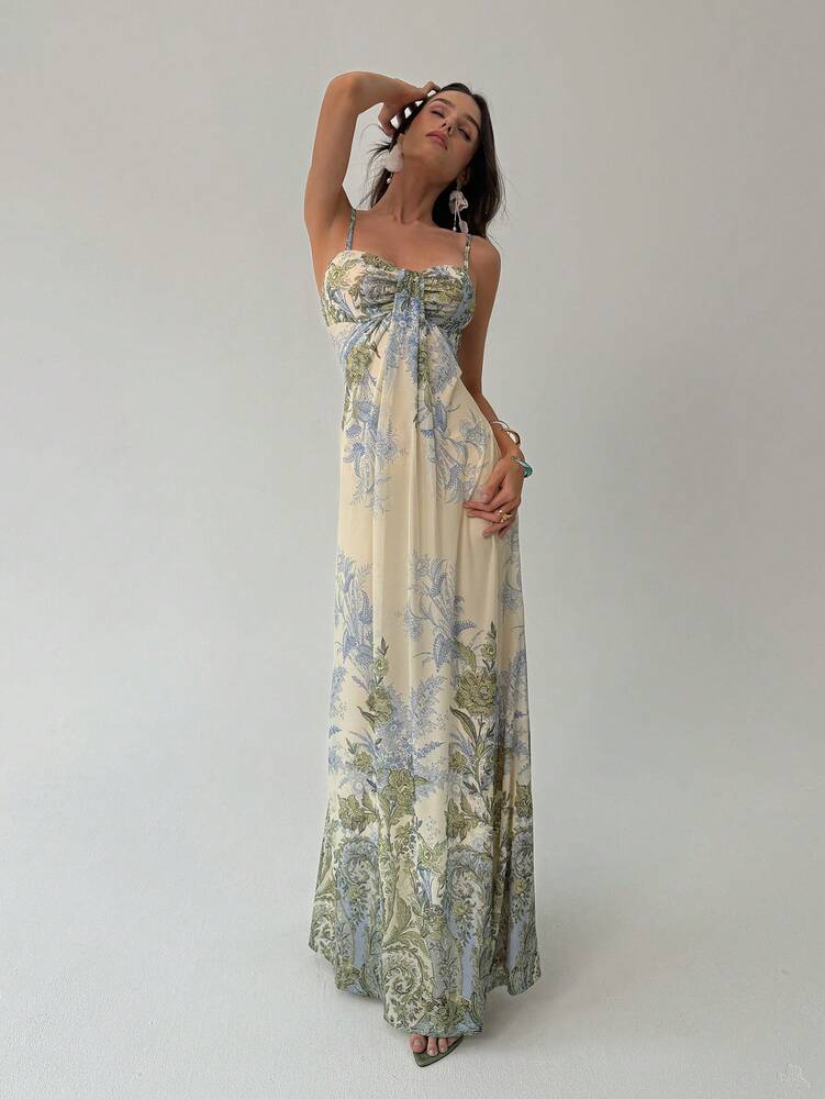 Women's Floral Print Spaghetti Strap Maxi Dress Apricot Color Elegant Summer Outfit Vacation Beach Sundress Graduation Teacher Outfit