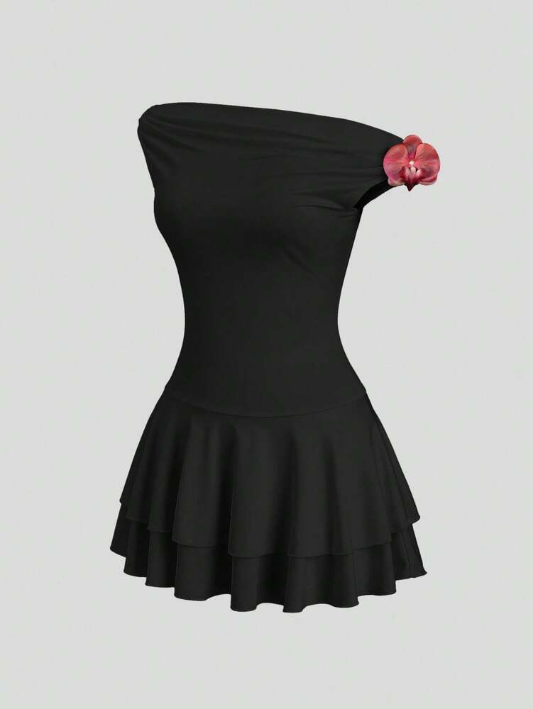 Women's Asymmetric Shoulder Wrap Dress With Floral Print Ruffle Hem Elegant Cake Mini Dress Sexy Casual Romantic Summer Fashion Wear
