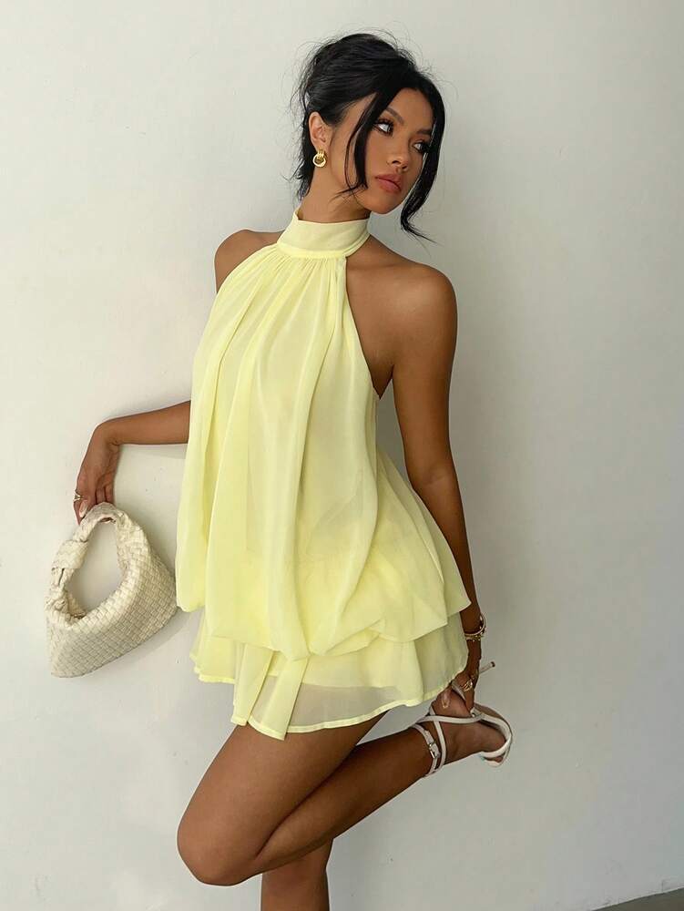 Women's Chiffon Butter Yellow Halter Tie Mini Dress Elegant Summer Outfit Wedding Guest Vacation Party Date Night Honeymoon Clothing
