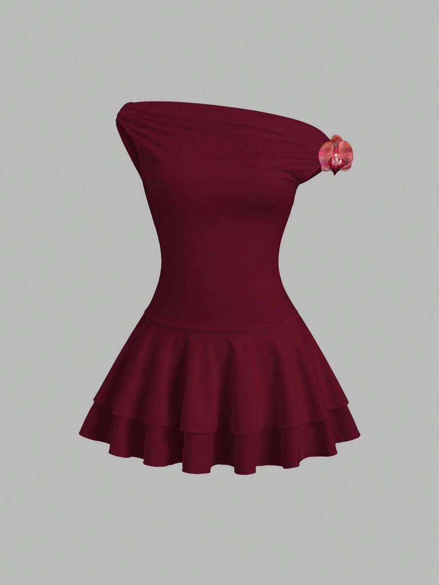 Women's Asymmetric Shoulder Wrap Dress With Floral Print Ruffle Hem Elegant Cake Mini Dress Sexy Casual Romantic Summer Fashion Wear