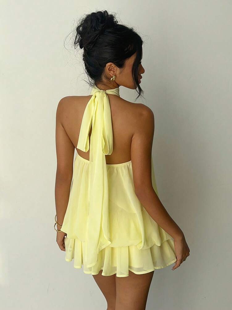 Women's Chiffon Butter Yellow Halter Tie Mini Dress Elegant Summer Outfit Wedding Guest Vacation Party Date Night Honeymoon Clothing