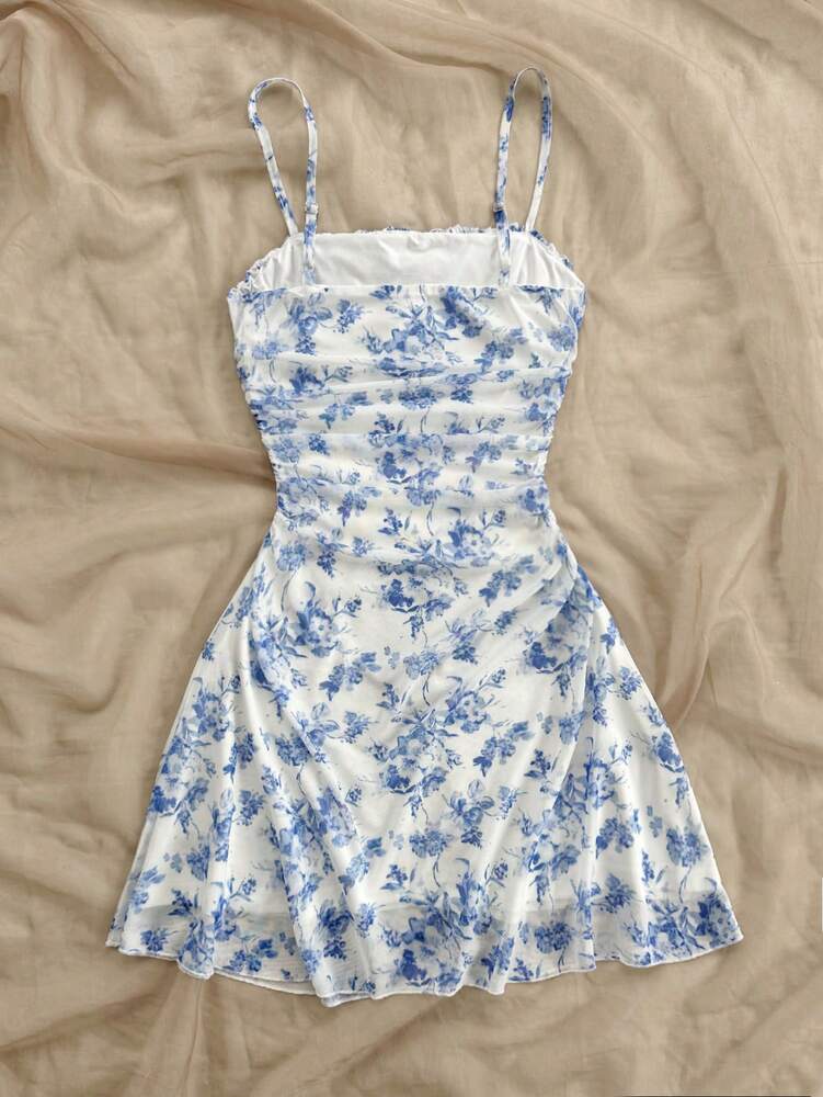 Women's Blue White Floral Mesh Halter Neck Dress Elegant Summer Vacation Outfit Romantic Pastel Sundress Beach Party Casual Fashion