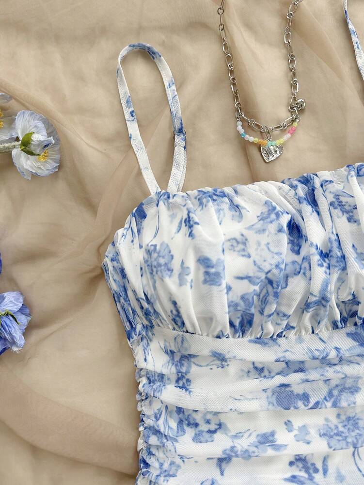 Women's Blue White Floral Mesh Halter Neck Dress Elegant Summer Vacation Outfit Romantic Pastel Sundress Beach Party Casual Fashion