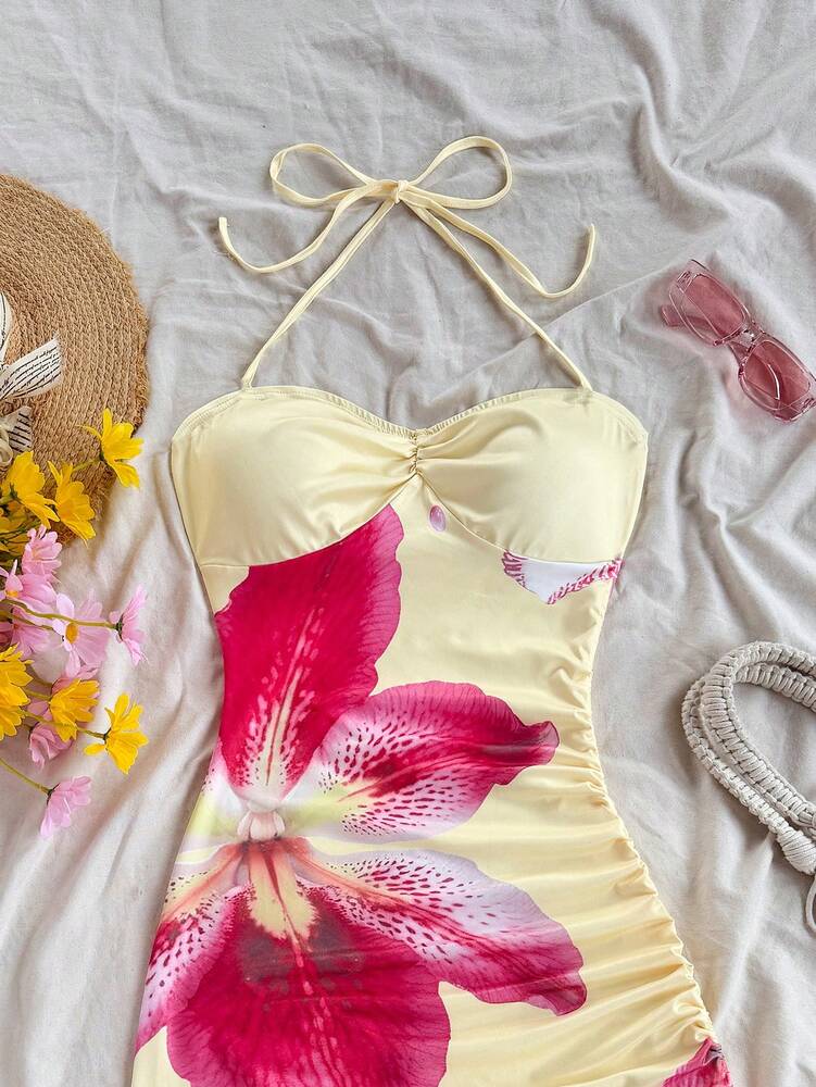 Women's Floral Halter Neck Smocked Waist Casual Beach Dress Elegant Summer Outfit Vacation Sundress Fashion Clothing For Women Chic