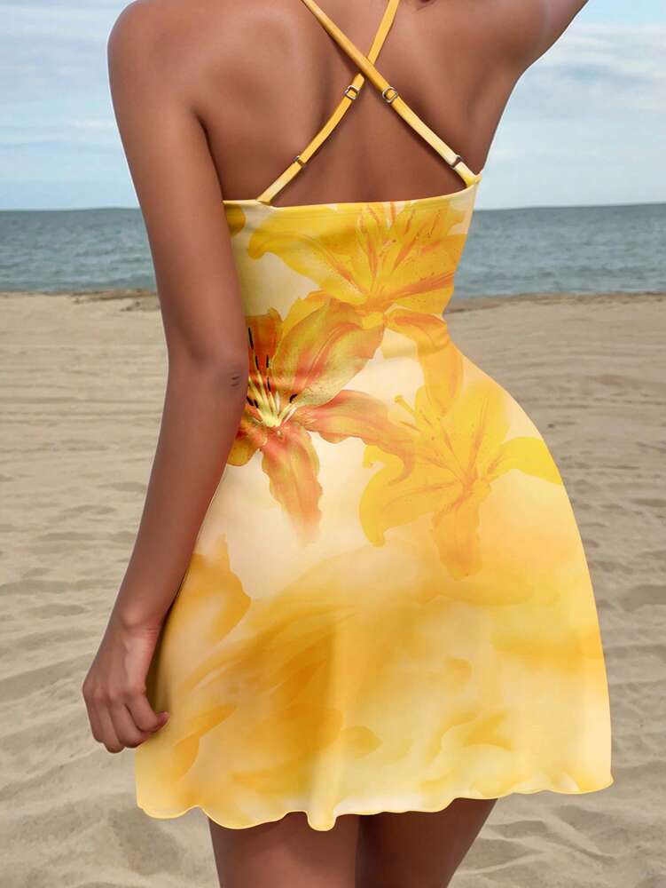 Women's Floral Print Draped Neck Sling Mini Dress Yellow Sun Dress Elegant Casual Vacation Outfit Summer Beach Sundress Chic Clothing