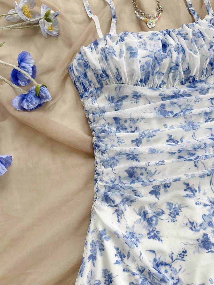 Women's Blue White Floral Mesh Halter Neck Dress Elegant Summer Vacation Outfit Romantic Pastel Sundress Beach Party Casual Fashion