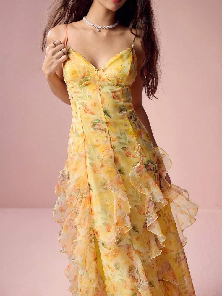Women's Yellow Floral Organza Slit Dress Spaghetti Strap Elegant Romantic Summer Outfit Vacation Wedding Guest Sweet Date Sundress