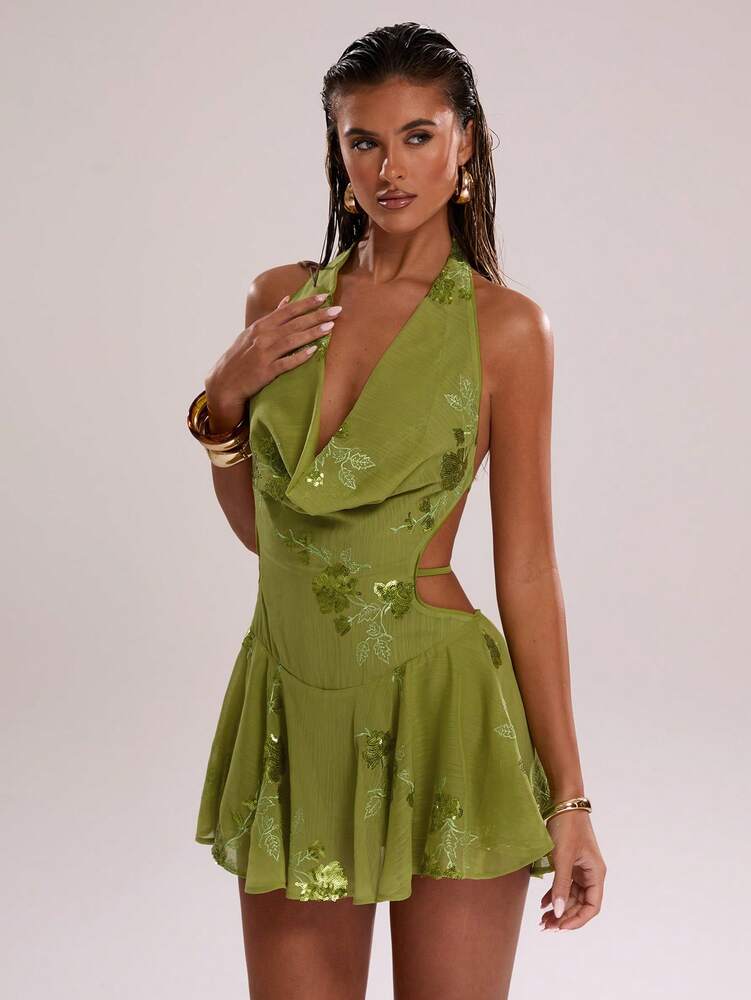 Women's Floral Sequin Plunging Draped Neck Mini Dress Sexy Summer Outfit Elegant Party Clubwear Fashion Vacation Sundress For Women