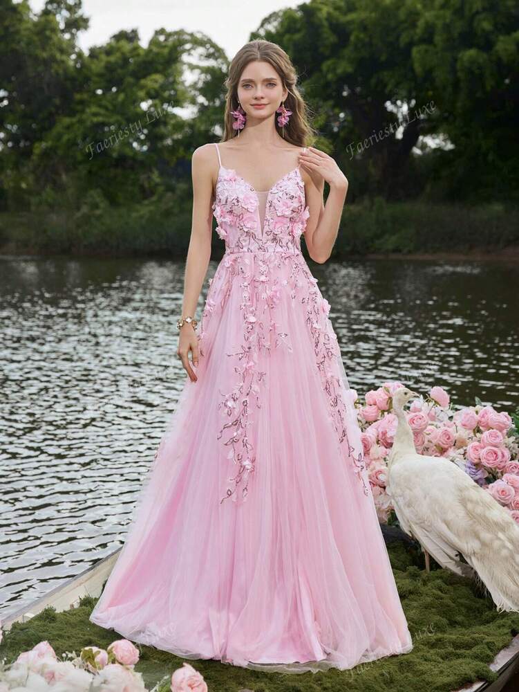 Women's Floor Length Tulle Evening Gown With Spaghetti Straps Back Tie 3D Floral Appliques Elegant Summer Garden Wedding Guest Dress