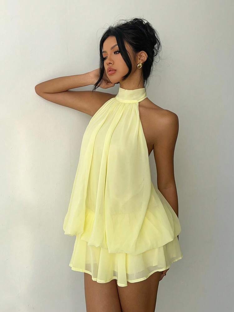 Women's Chiffon Butter Yellow Halter Tie Mini Dress Elegant Summer Outfit Wedding Guest Vacation Party Date Night Honeymoon Clothing