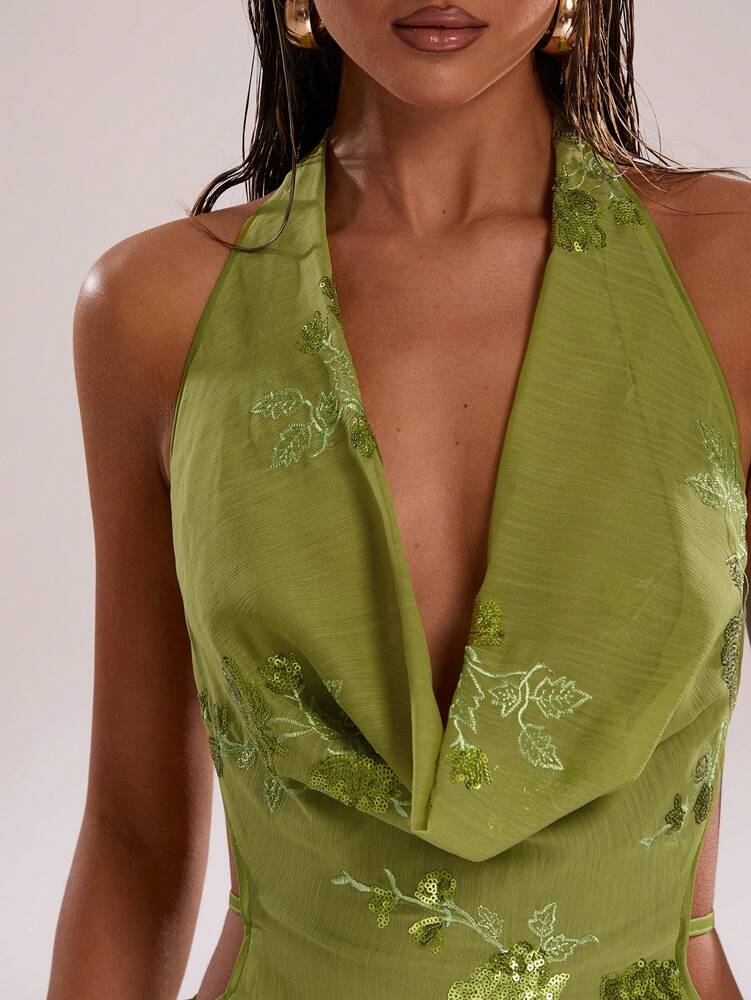 Women's Floral Sequin Plunging Draped Neck Mini Dress Sexy Summer Outfit Elegant Party Clubwear Fashion Vacation Sundress For Women