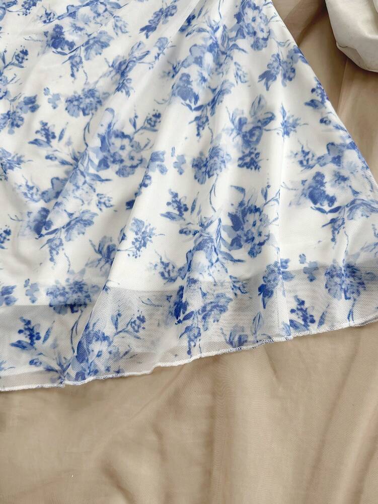 Women's Blue White Floral Mesh Halter Neck Dress Elegant Summer Vacation Outfit Romantic Pastel Sundress Beach Party Casual Fashion