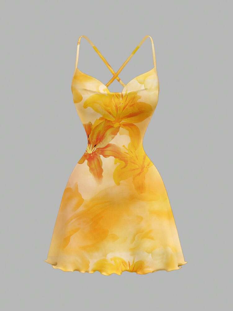 Women's Floral Print Draped Neck Sling Mini Dress Yellow Sun Dress Elegant Casual Vacation Outfit Summer Beach Sundress Chic Clothing