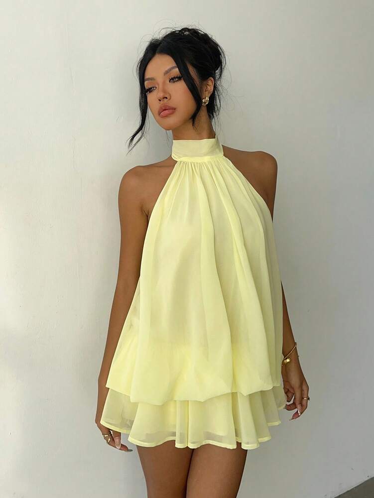 Women's Chiffon Butter Yellow Halter Tie Mini Dress Elegant Summer Outfit Wedding Guest Vacation Party Date Night Honeymoon Clothing