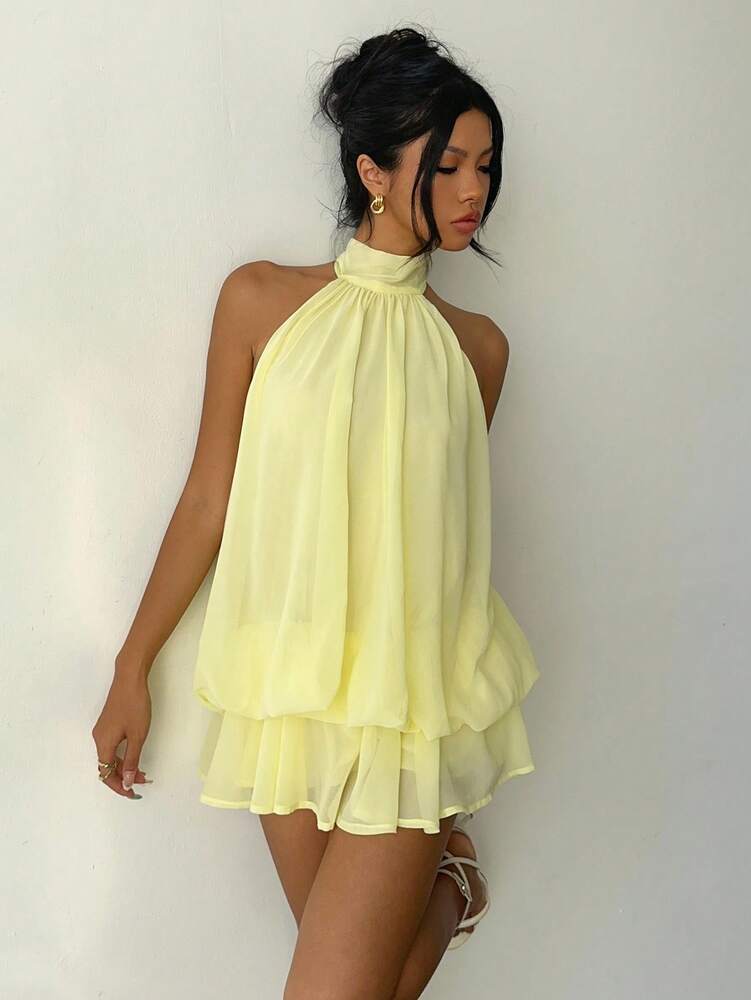 Women's Chiffon Butter Yellow Halter Tie Mini Dress Elegant Summer Outfit Wedding Guest Vacation Party Date Night Honeymoon Clothing