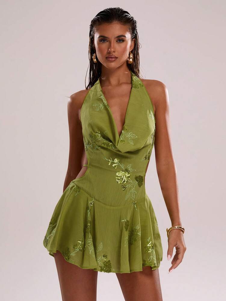 Women's Floral Sequin Plunging Draped Neck Mini Dress Sexy Summer Outfit Elegant Party Clubwear Fashion Vacation Sundress For Women