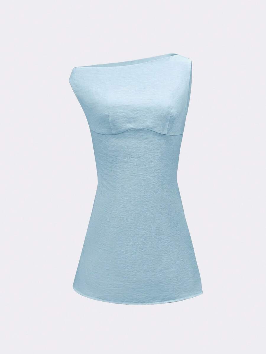 Women's Solid Color Asymmetric Neck Short Dress Elegant Stylish Mini Outfit Summer Vacation Casual Fashion Clothing Romantic Chic Wear