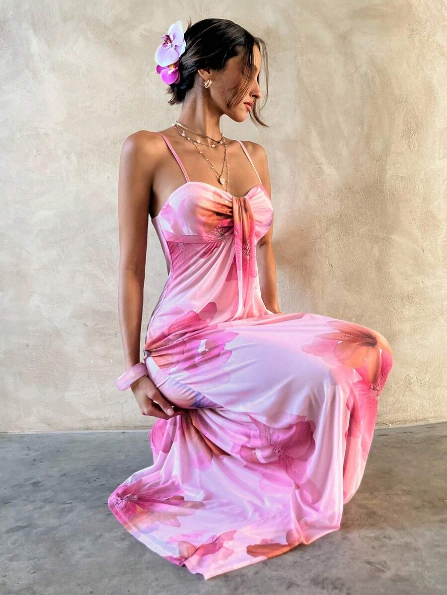 Women's Floral Print Spaghetti Strap Maxi Dress Apricot Color Elegant Summer Outfit Vacation Beach Sundress Graduation Teacher Outfit