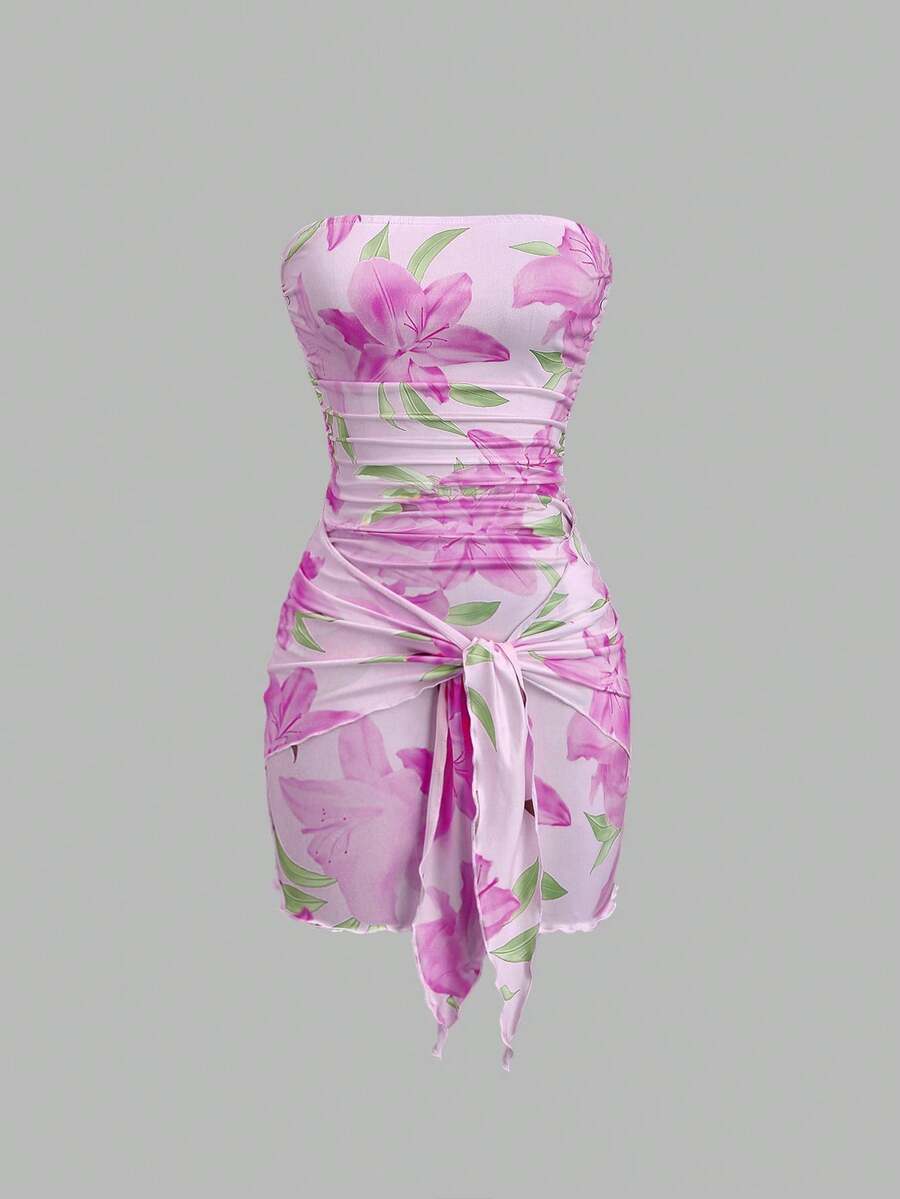 Women's Knit Floral Print Wrap Tie Crop Top And Bodycon Skirt Dress Elegant Romantic Outfit Casual Fashion Spring Summer Autumn Wear