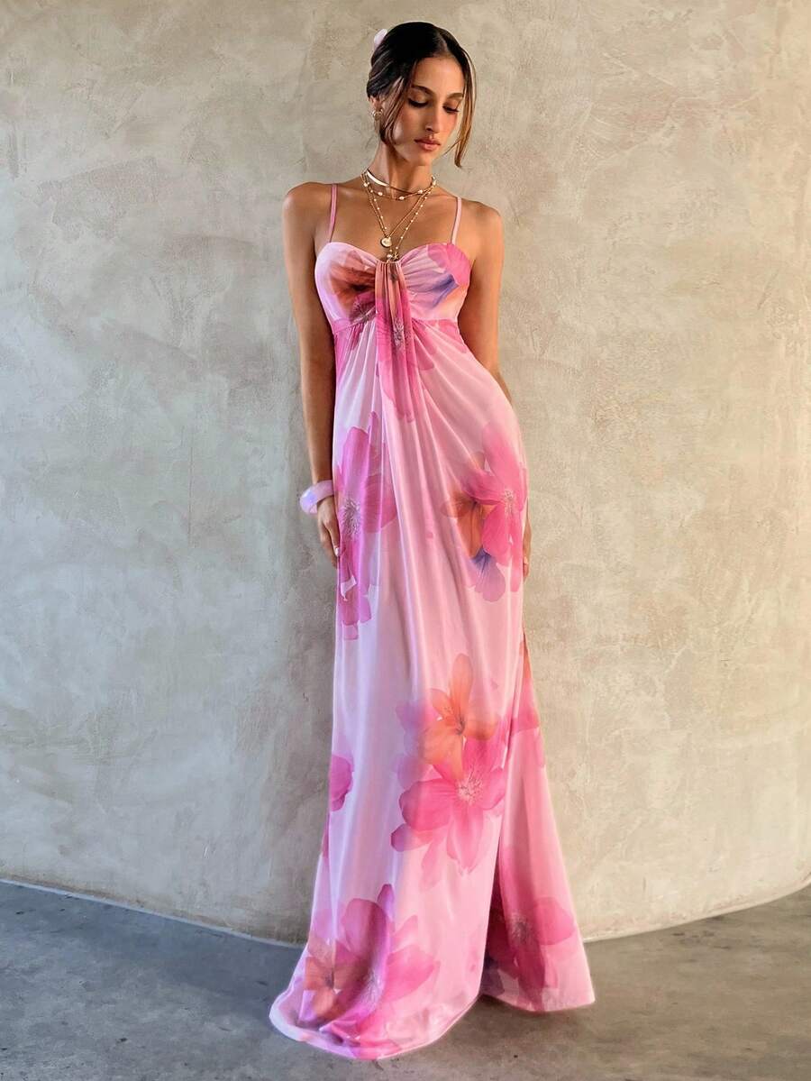 Women's Floral Print Spaghetti Strap Maxi Dress Apricot Color Elegant Summer Outfit Vacation Beach Sundress Graduation Teacher Outfit