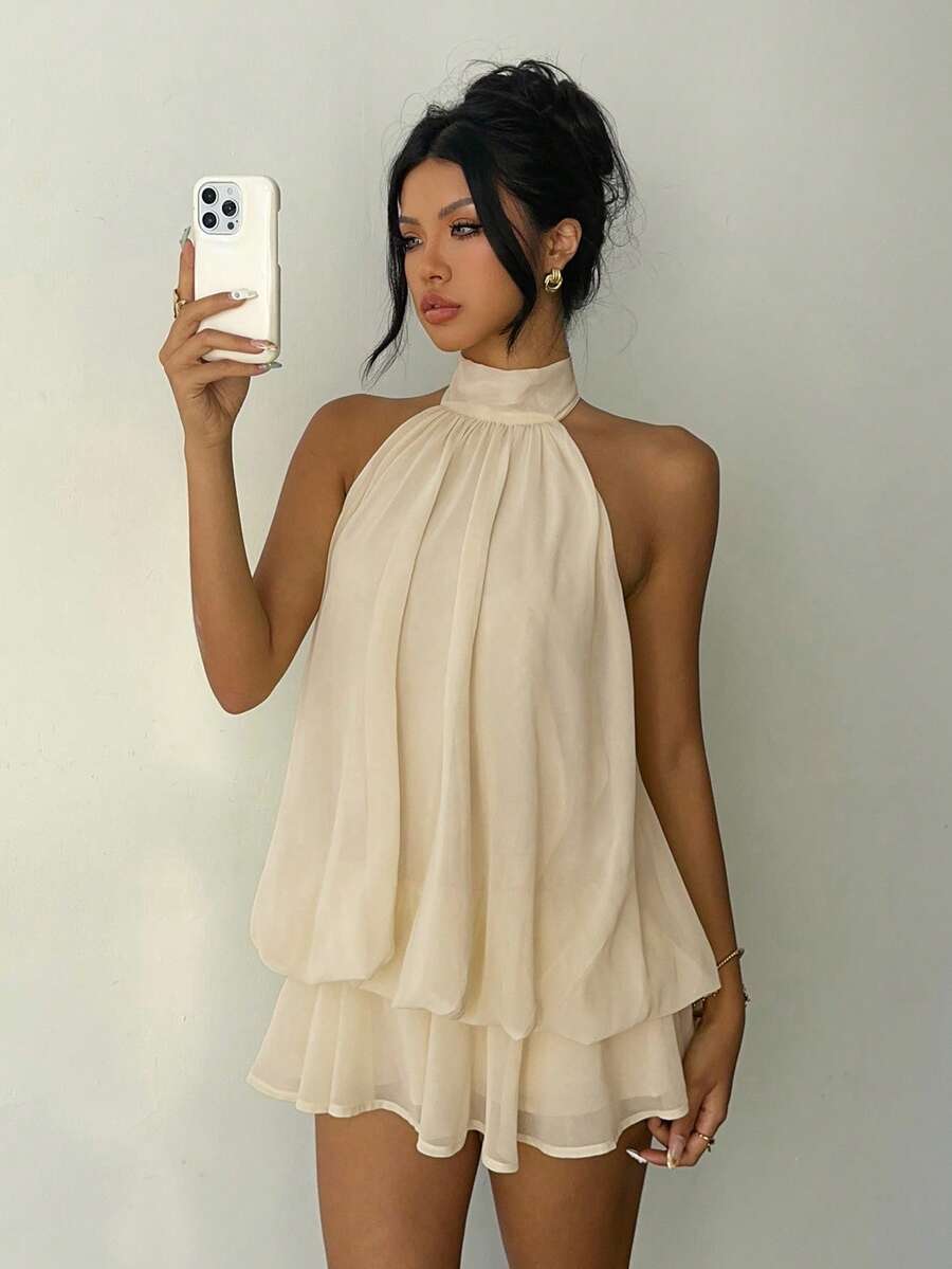 Women's Chiffon Butter Yellow Halter Tie Mini Dress Elegant Summer Outfit Wedding Guest Vacation Party Date Night Honeymoon Clothing