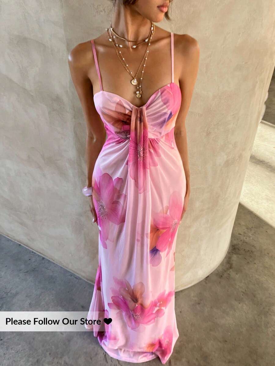 Women's Floral Print Spaghetti Strap Maxi Dress Apricot Color Elegant Summer Outfit Vacation Beach Sundress Graduation Teacher Outfit
