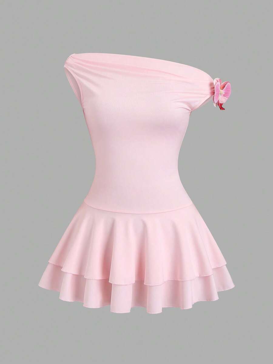 Women's Asymmetric Shoulder Wrap Dress With Floral Print Ruffle Hem Elegant Cake Mini Dress Sexy Casual Romantic Summer Fashion Wear
