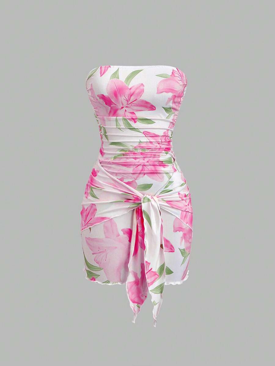 Women's Knit Floral Print Wrap Tie Crop Top And Bodycon Skirt Dress Elegant Romantic Outfit Casual Fashion Spring Summer Autumn Wear