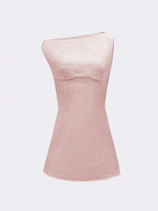 Women's Solid Color Asymmetric Neck Short Dress Elegant Stylish Mini Outfit Summer Vacation Casual Fashion Clothing Romantic Chic Wear