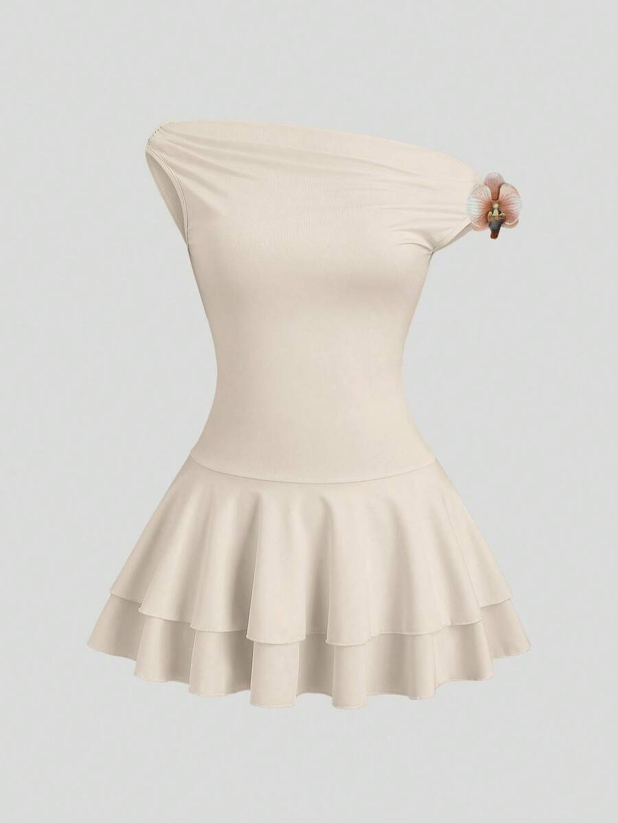 Women's Asymmetric Shoulder Wrap Dress With Floral Print Ruffle Hem Elegant Cake Mini Dress Sexy Casual Romantic Summer Fashion Wear