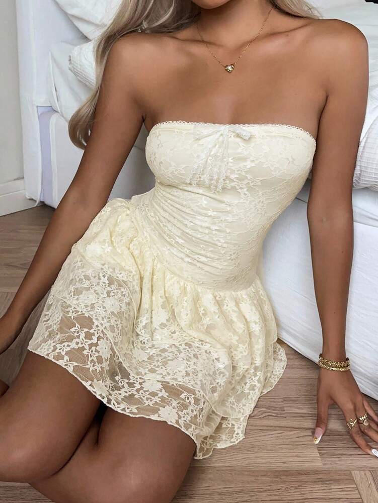 Women's Butter Yellow Strapless Ruched Tube Mini Dress Tiered Lace Ruffle Hem Y2K Backless A Line Short Dress Summer Vacation Outfit