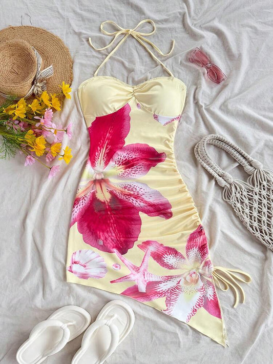 Women's Floral Halter Neck Smocked Waist Casual Beach Dress Elegant Summer Outfit Vacation Sundress Fashion Clothing For Women Chic
