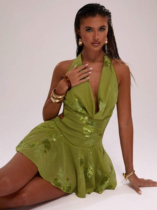 Women's Floral Sequin Plunging Draped Neck Mini Dress Sexy Summer Outfit Elegant Party Clubwear Fashion Vacation Sundress For Women