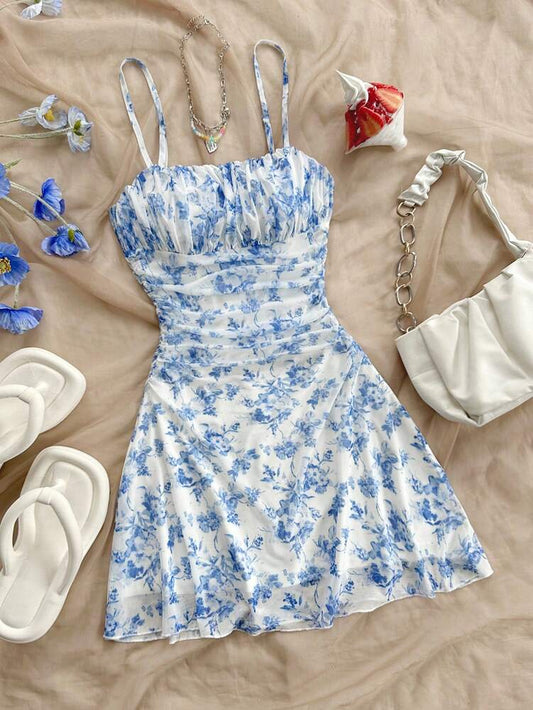 Women's Blue White Floral Mesh Halter Neck Dress Elegant Summer Vacation Outfit Romantic Pastel Sundress Beach Party Casual Fashion