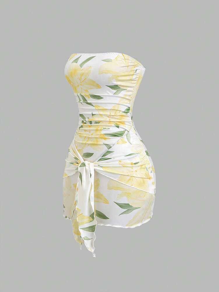 Women's Knit Floral Print Wrap Tie Crop Top And Bodycon Skirt Dress Elegant Romantic Outfit Casual Fashion Spring Summer Autumn Wear