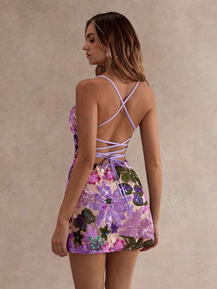 Women's Sequin Embroidered Backless Mini Dress Purple Floral Tie Strap Romantic Summer Party Outfit Wedding Guest Vacation Sundress