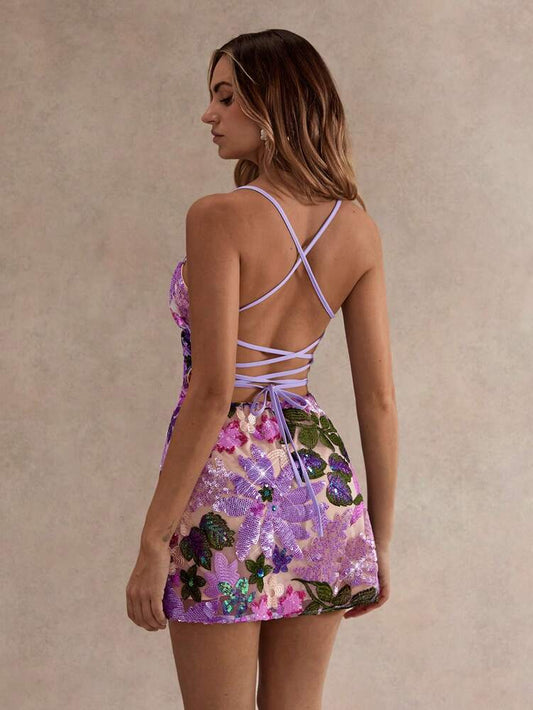 Women's Sequin Embroidered Backless Mini Dress Purple Floral Tie Strap Romantic Summer Party Outfit Wedding Guest Vacation Sundress