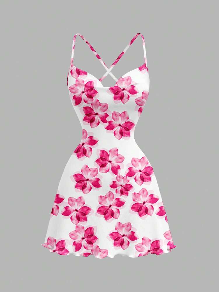 Women's Casual Floral Print Knitted Mini Dress With Crisscross Spaghetti Straps Lettuce Trim Elegant Vacation Party Outfit Chic Wear