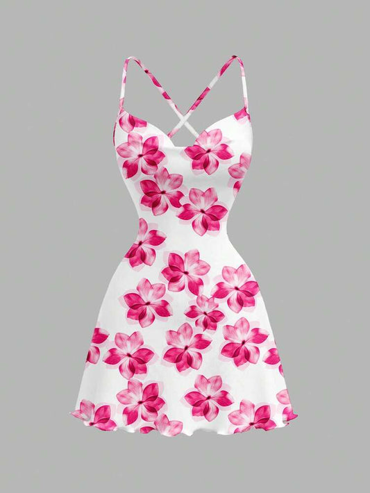 Women's Casual Floral Print Knitted Mini Dress With Crisscross Spaghetti Straps Lettuce Trim Elegant Vacation Party Outfit Chic Wear