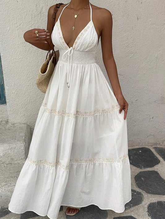 Women's White Woven Halter Neck Dress Casual Country Concert Outfit Elegant Summer Vacation Sundress Romantic Chic Fashion Clothing