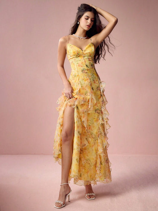Women's Yellow Floral Organza Slit Dress Spaghetti Strap Elegant Romantic Summer Outfit Vacation Wedding Guest Sweet Date Sundress