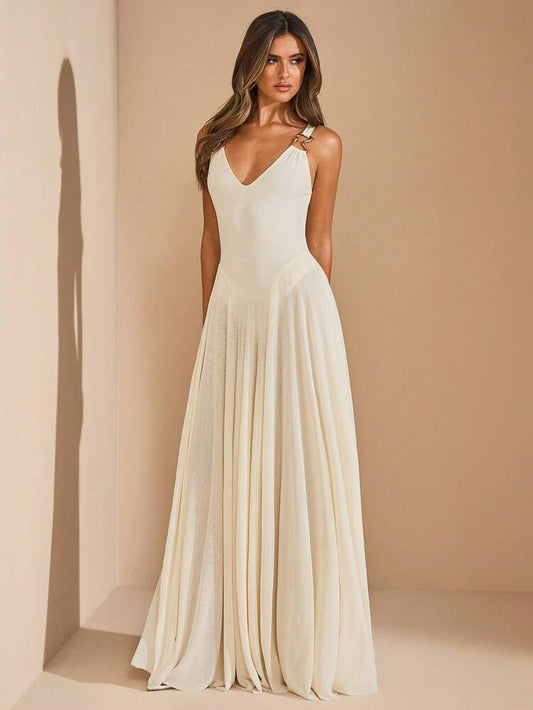 Women's Beige Sleeveless Long Dress With Flowy Mesh Skirt Sheer Elegant Beach Holiday Outfit Summer Vacation Party Fashion Sundress