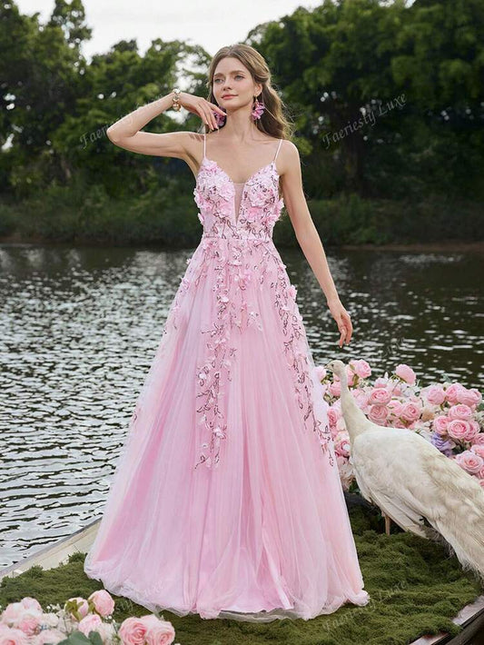 Women's Floor Length Tulle Evening Gown With Spaghetti Straps Back Tie 3D Floral Appliques Elegant Summer Garden Wedding Guest Dress