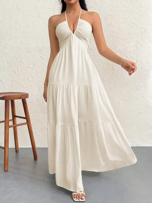 Women's Romantic Floral Print Halter V Neck Pleated A Line Dress Backless Summer Outfit Hawaii Beach Vacation Wedding Guest Sundress