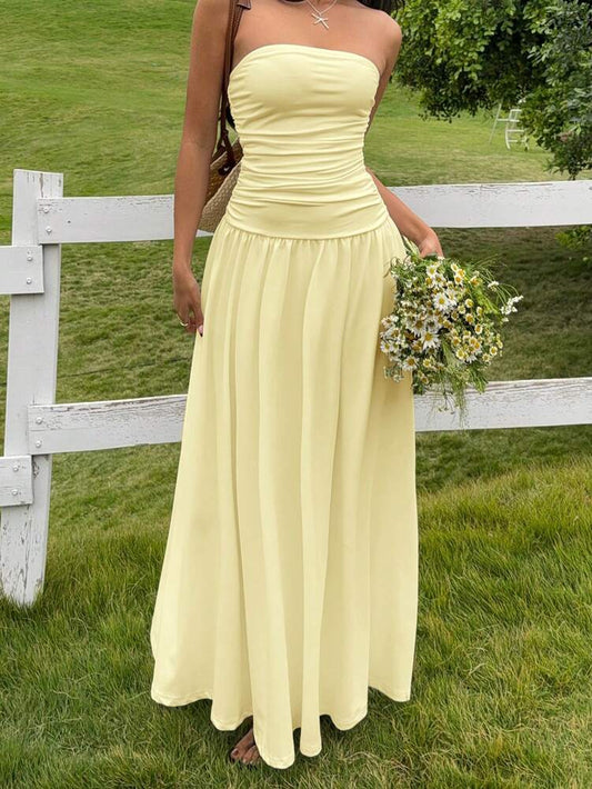 Women's Casual Long Dress Beige Butter Yellow Elegant Summer Outfit Vacation Sundress Chic Fashion Clothing Daily Wear For Women