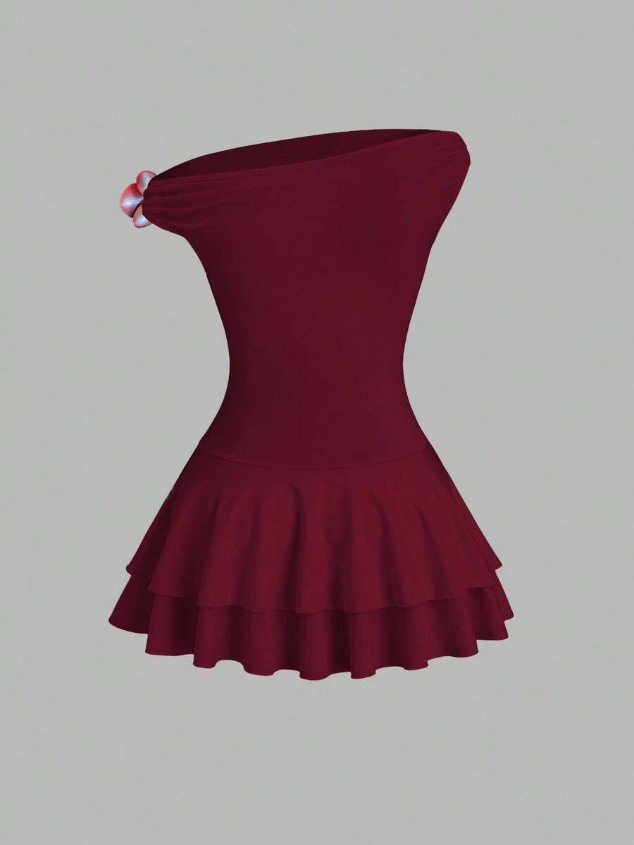 Women's Asymmetric Shoulder Wrap Dress With Floral Print Ruffle Hem Elegant Cake Mini Dress Sexy Casual Romantic Summer Fashion Wear